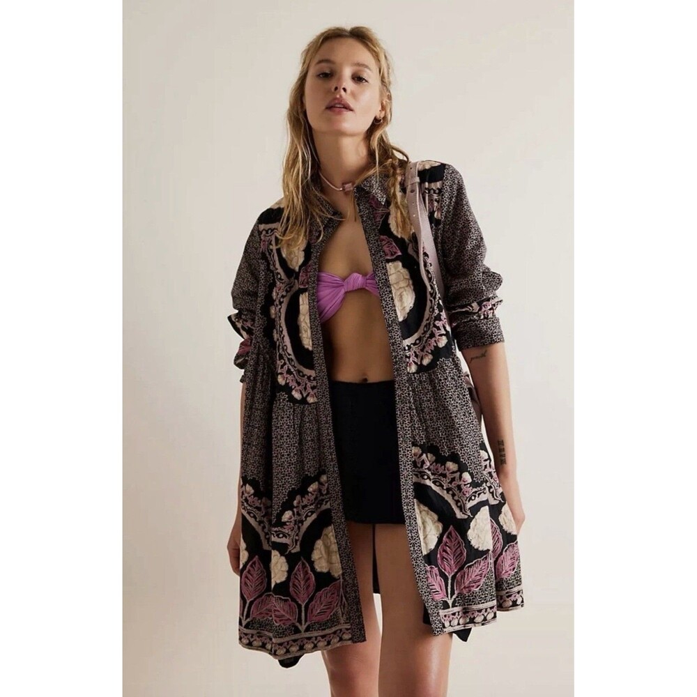 Free People Smell The Roses Mini Shirt Dress Tunic Bohemian Snap Front Medium